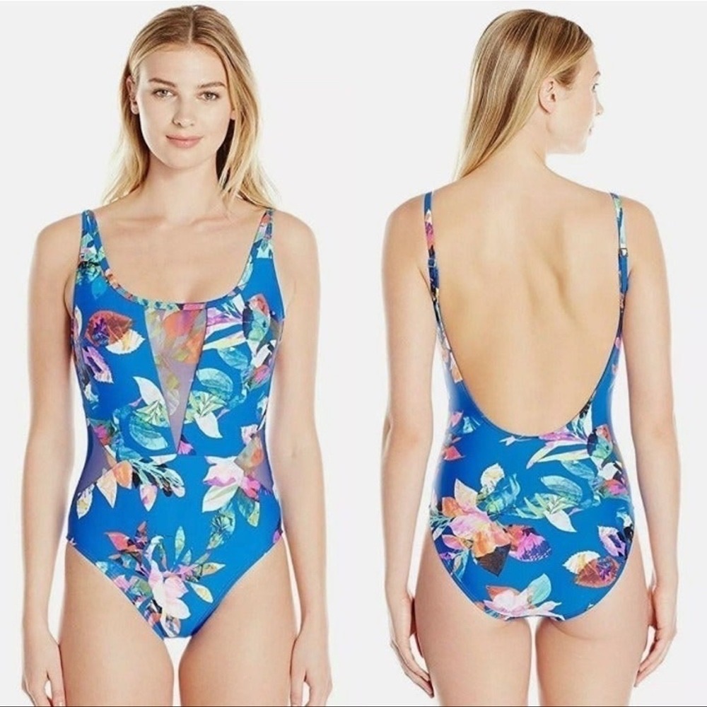 La Blanca Havana Tropics Mesh Plunge One Piece Swimsuit 12 Large Green - Picture 2 of 12